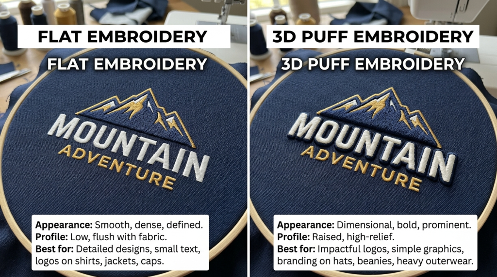 Comparison of Flat Embroidery and 3D Puff Embroidery