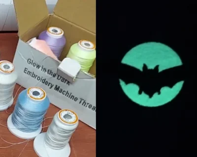 Glow in the dark embroidery thread spools and glowing stitched embroidery design shown in low light Glow in the dark embroidery thread spools and glowing stitched embroidery design shown in low light