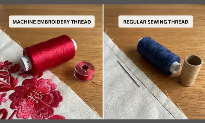 Machine embroidery thread and regular sewing thread shown side by side for comparison Machine embroidery thread and regular sewing thread shown side by side for comparison