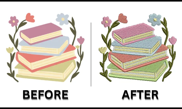 Before and after embroidery digitizing example showing a stack of books with flowers, converted from flat artwork into a detailed stitched embroidery design by Absolute Digitizing Before and after embroidery digitizing example showing a stack of books with flowers, converted from flat artwork into a detailed digitized embroidery design by Absolute Digitizing