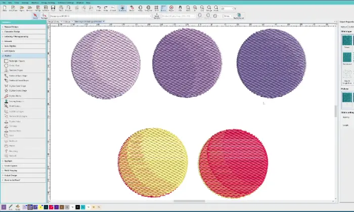 Screenshot of Embroidery Digitizing Software Showing Circular Stitch Samples in Different Colors to Test Color Blending For Machine Embroidery Screenshot of Embroidery Digitizing Software Showing Circular Stitch Samples in Different Colors to Test Color Blending For Embroidery