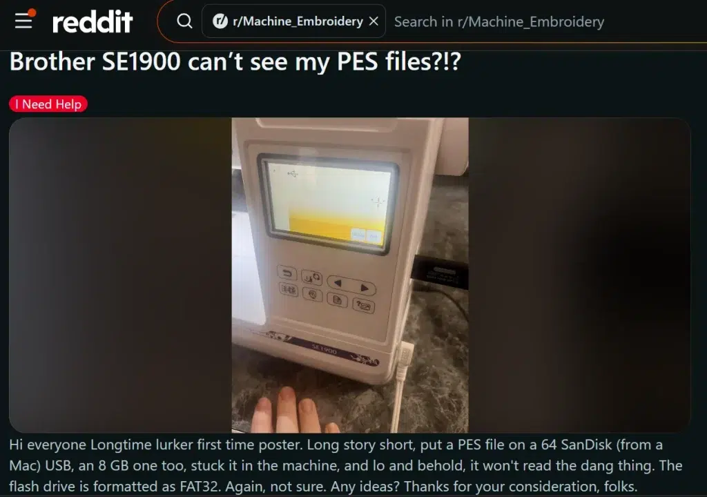 Brother SE1900 not showing PES files from a USB drive Brother SE1900 not showing PES files from a USB drive