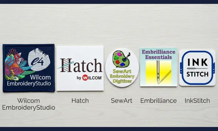 Wilcom EmbroideryStudio, Hatch, SewArt, Embrilliance Essentials, and Ink/Stitch embroidery digitizing software. Wilcom EmbroideryStudio, Hatch, SewArt, Embrilliance Essentials, and Ink/Stitch embroidery digitizing software.