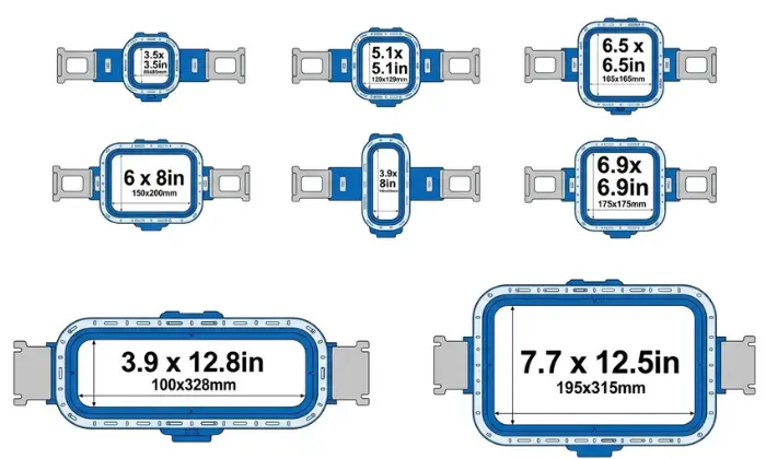 Chart showing multiple embroidery machine hoop sizes, including small, medium, and large hoops for different embroidery design sizes. Chart showing multiple embroidery machine hoop sizes, including small, medium, and large hoops for different embroidery design sizes.