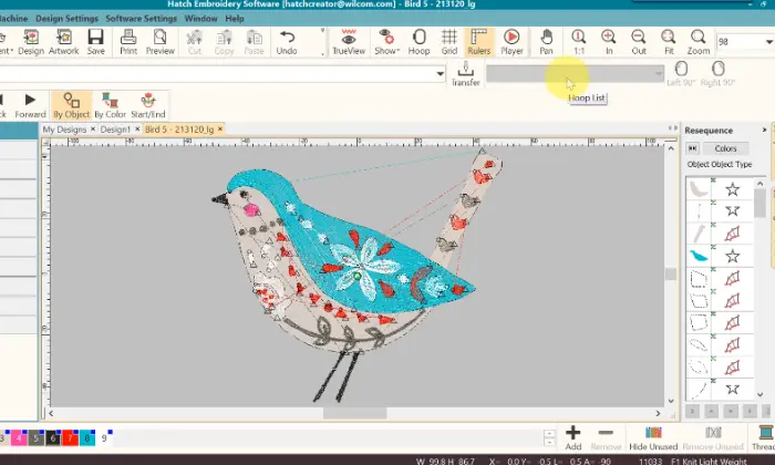 Screenshot of Hatch embroidery software showing a bird design being resized and adjusted for clean stitch results. Screenshot of Hatch embroidery software showing a bird design being resized and adjusted for clean stitch results.