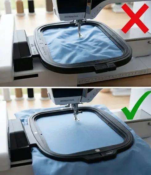 Comparison of incorrect and correct fabric hooping in embroidery machine showing loose fabric vs properly tightened fabric for clean stitching. Comparison of incorrect and correct fabric hooping in embroidery machine showing loose fabric vs properly tightened fabric for clean stitching.