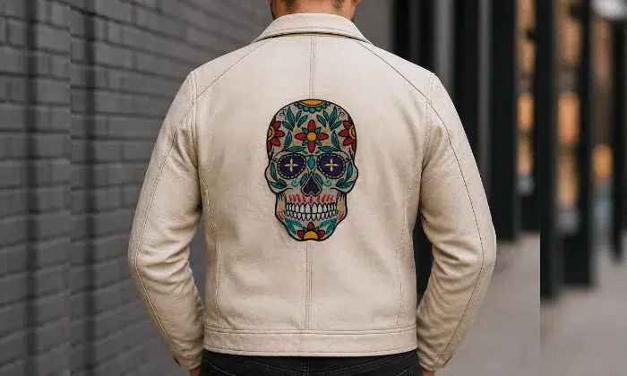 Skull embroidery design on the cream-colored jacket back Skull embroidery design on the cream-colored jacket back