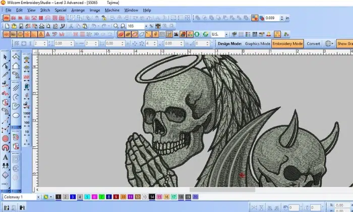 Jacket back digitizing in Wilcom embroidery software showing skull embroidery design Jacket back digitizing in Wilcom embroidery software showing skull embroidery design