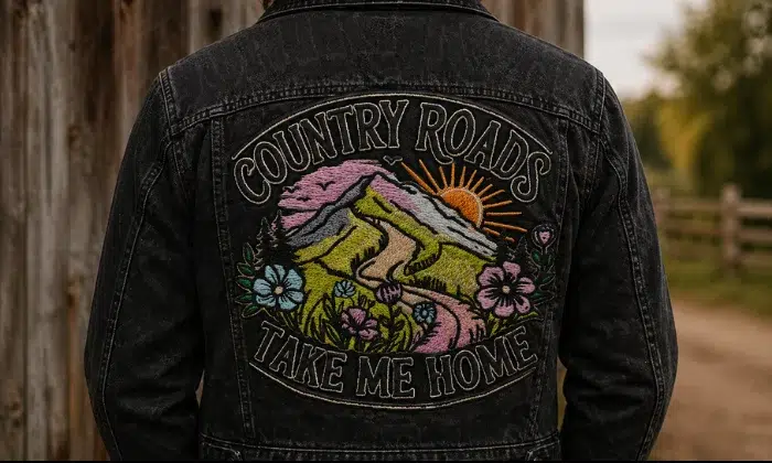 Embroidered country road design on black denim jacket back Embroidered country road design on black denim jacket back