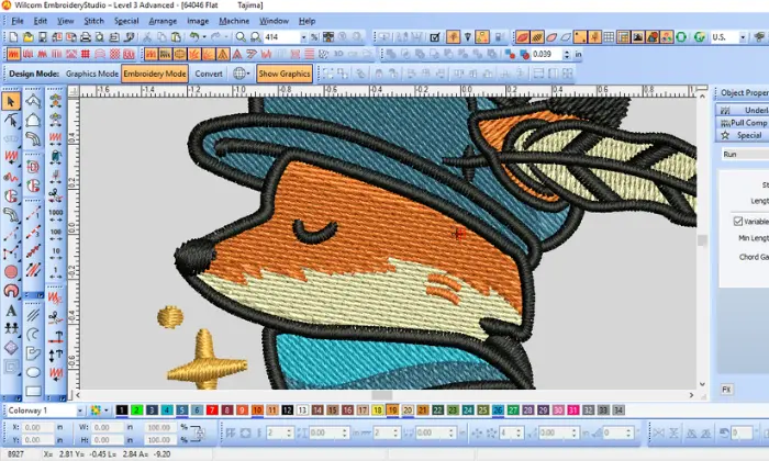 A close-up of embroidery digitizing software showing a fox design converted into stitch patterns with satin and fill stitches for machine embroidery. A close-up of embroidery digitizing software showing a fox design converted into stitch patterns with satin and fill stitches for machine embroidery.