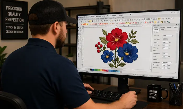 Man using Wilcom embroidery digitizing software on a computer to convert floral artwork into a stitch file for machine embroidery. Man using Wilcom embroidery digitizing software on a computer to convert floral artwork into a stitch file for machine embroidery.