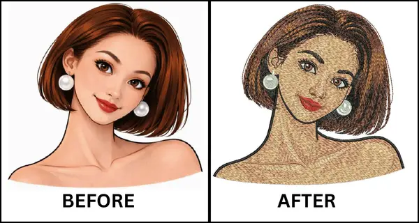 Before and after of photo embroidery digitizing showing a portrait image converted into a stitched embroidery design. Before and after of photo embroidery digitizing showing a portrait image converted into a stitched embroidery design.