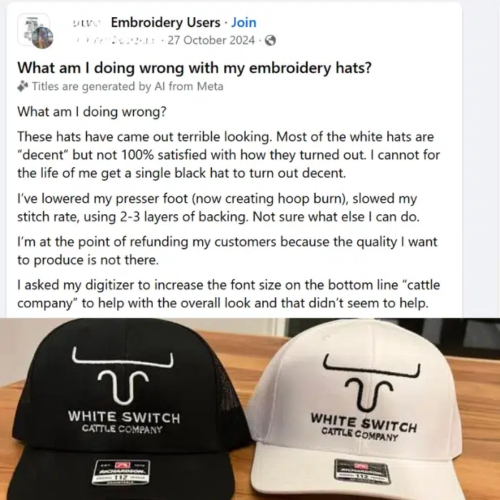 Real hat embroidery problem shared by an embroiderer in a Facebook embroidery group Real hat embroidery problem shared by an embroiderer in a Facebook embroidery group