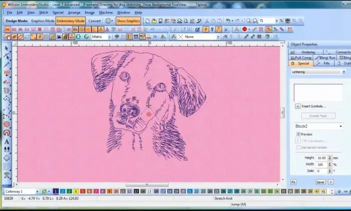 Wilcom Embroidery Studio dog design digitizing preview