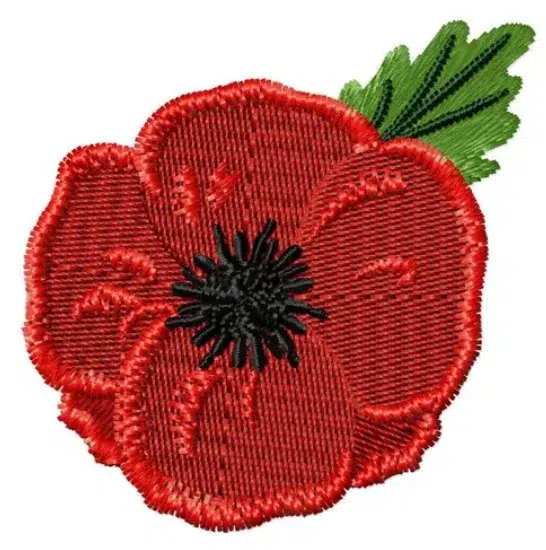 Red flower embroidery showing fill stitch texture