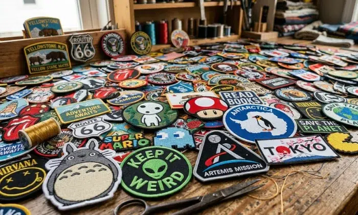 Collection of custom embroidery patches spread across a worktable showing different shapes, colors, and styles Collection of custom embroidery patches spread across a worktable showing different shapes, colors, and styles