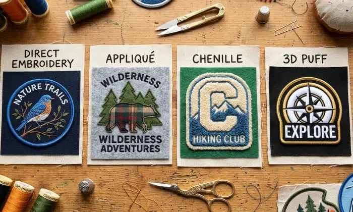 Different patch techniques, including direct embroidery, appliqué, chenille, and 3D puff, are shown on sample designs