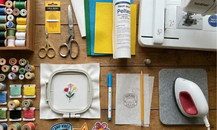 Materials and equipment for making custom patches, including thread, felt, scissors, hoop, stabilizer, and embroidery machine Materials and equipment for making custom patches, including thread, felt, scissors, hoop, stabilizer, and embroidery machine