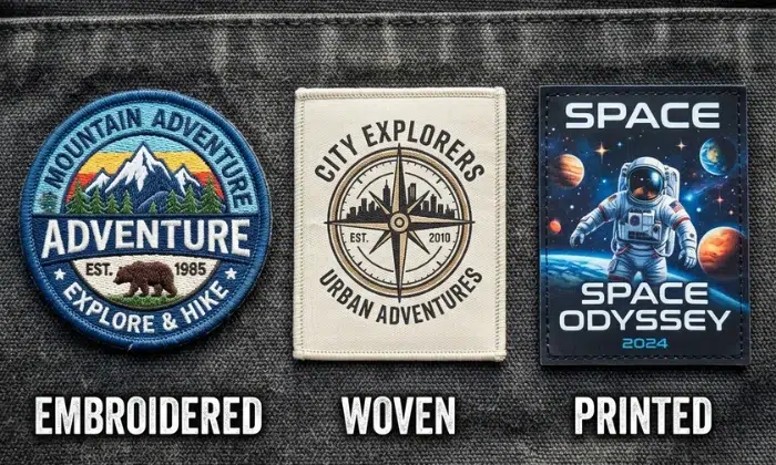 Three types of patches including embroidered, woven, and printed patches Three types of patches including embroidered, woven, and printed patches