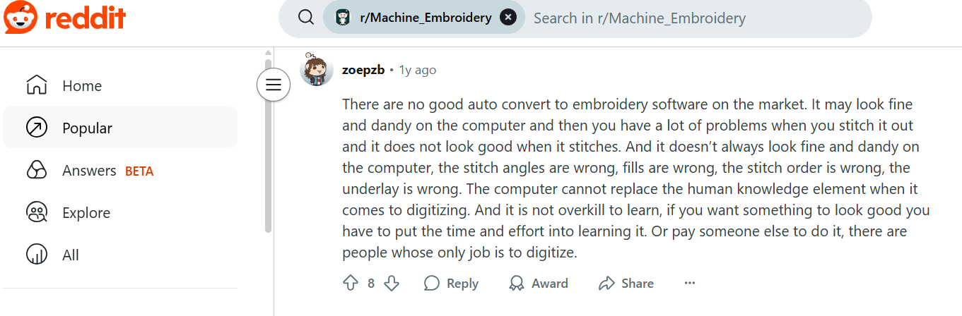 Reddit Thread Screenshot about auto digitizing not being helpful. 