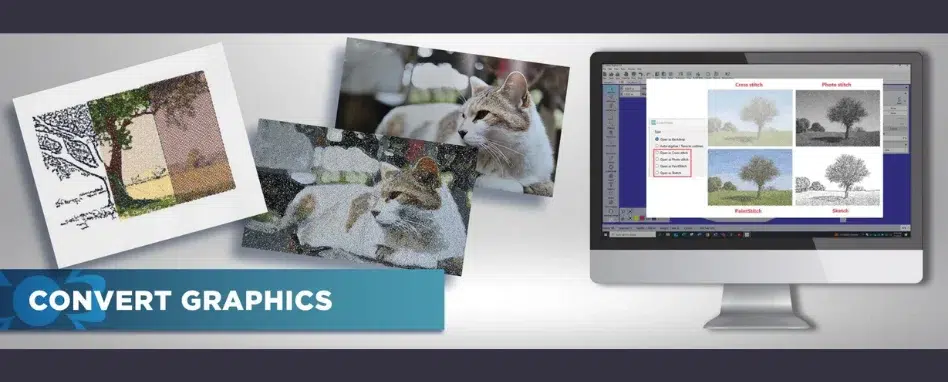 Graphic conversion tools turn photos and artwork into different embroidery styles. Graphic conversion tools turn photos and artwork into different embroidery styles.