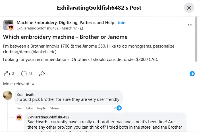 Facebook user asking whether to choose a Brother or Janome embroidery machine for monograms and clothing projects Facebook user asking whether to choose a Brother or Janome embroidery machine for monograms and clothing projects