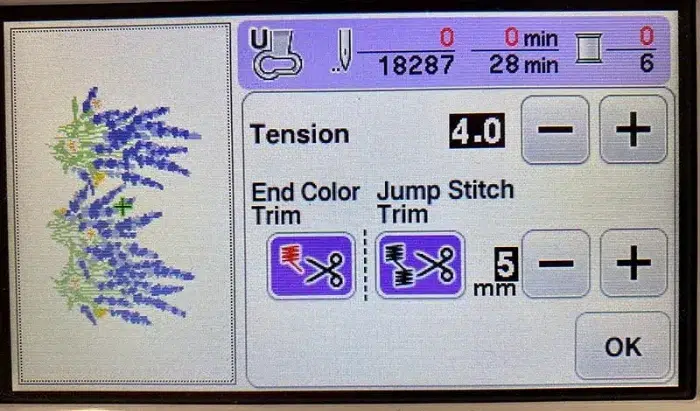 Embroidery machine settings showing jump stitch trim control and stitch path preview on screen Embroidery machine settings showing jump stitch trim control and stitch path preview on screen