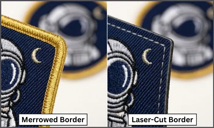 Merrowed border and laser-cut border comparison on custom embroidered patches.