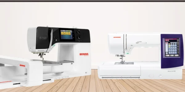 Bernina 590 and Janome Memory Craft 9850 embroidery machines. Bernina 590 and Janome Memory Craft 9850 embroidery machines.