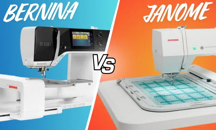 Bernina and Janome embroidery machines are shown side by side. Bernina and Janome embroidery machines are shown side by side.