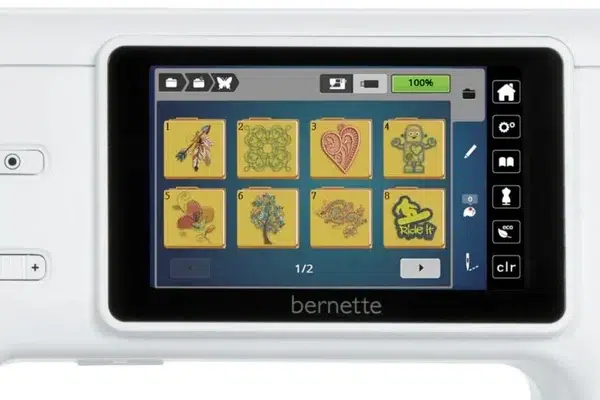 Bernette embroidery machine screen showing embroidery designs loaded from a USB drive Bernette embroidery machine screen showing embroidery designs loaded from a USB drive