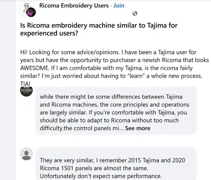 Facebook embroidery group discussion about switching from Tajima to Ricoma machines Facebook embroidery group discussion about switching from Tajima to Ricoma machines