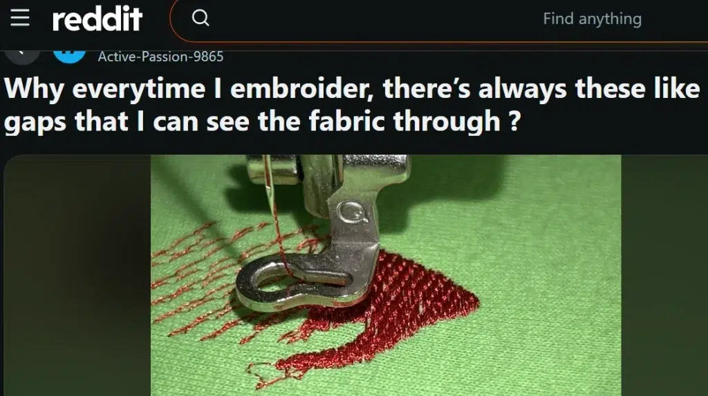An embroiderer shared this real-world issue in a Reddit embroidery community An embroiderer shared this real-world issue in a Reddit embroidery community
