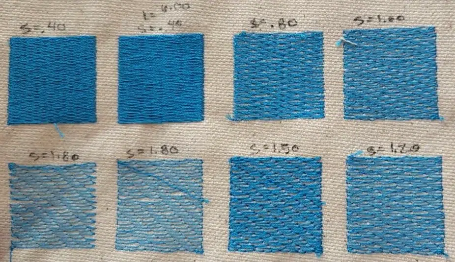 Embroidery density test showing different stitch spacing samples on fabric. Embroidery density test showing different stitch spacing samples on fabric.