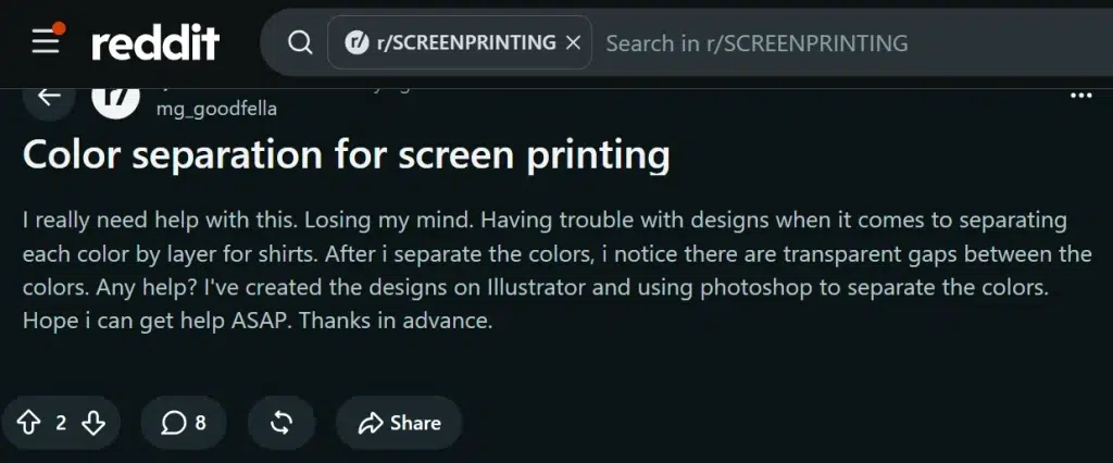 Reddit screen printing discussion about transparent gaps appearing after color separation. Reddit screen printing discussion about transparent gaps appearing after color separation.