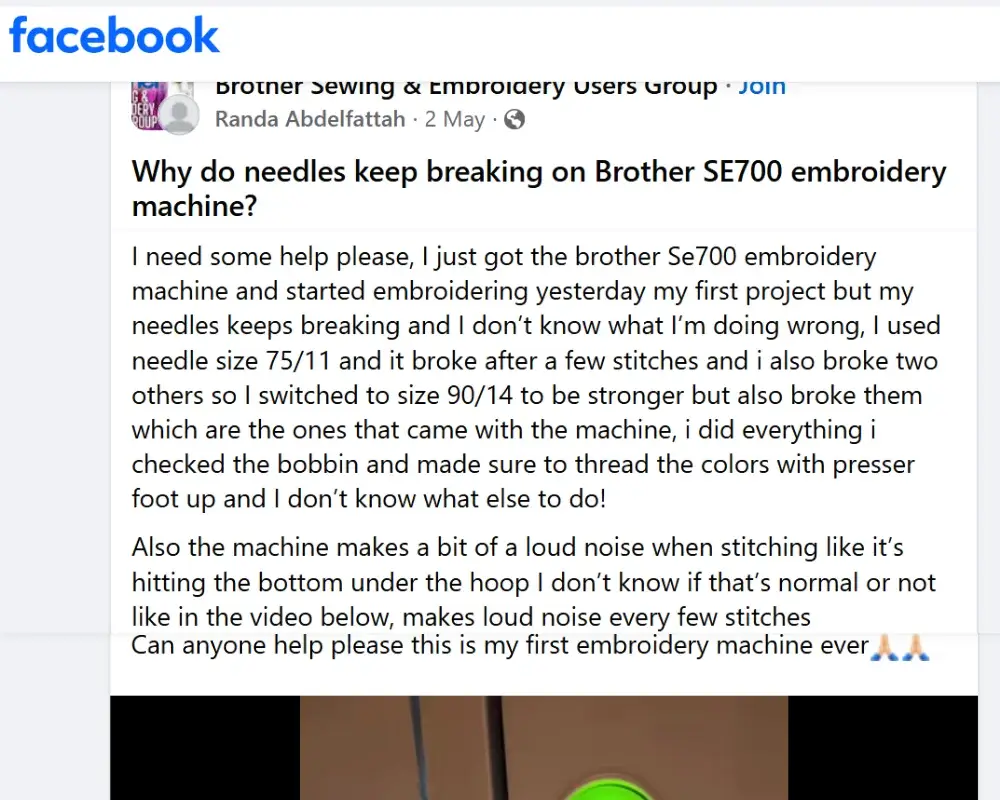 Facebook user asking why needles keep breaking on a Brother SE700 embroidery machine. Facebook user asking why needles keep breaking on a Brother SE700 embroidery machine.