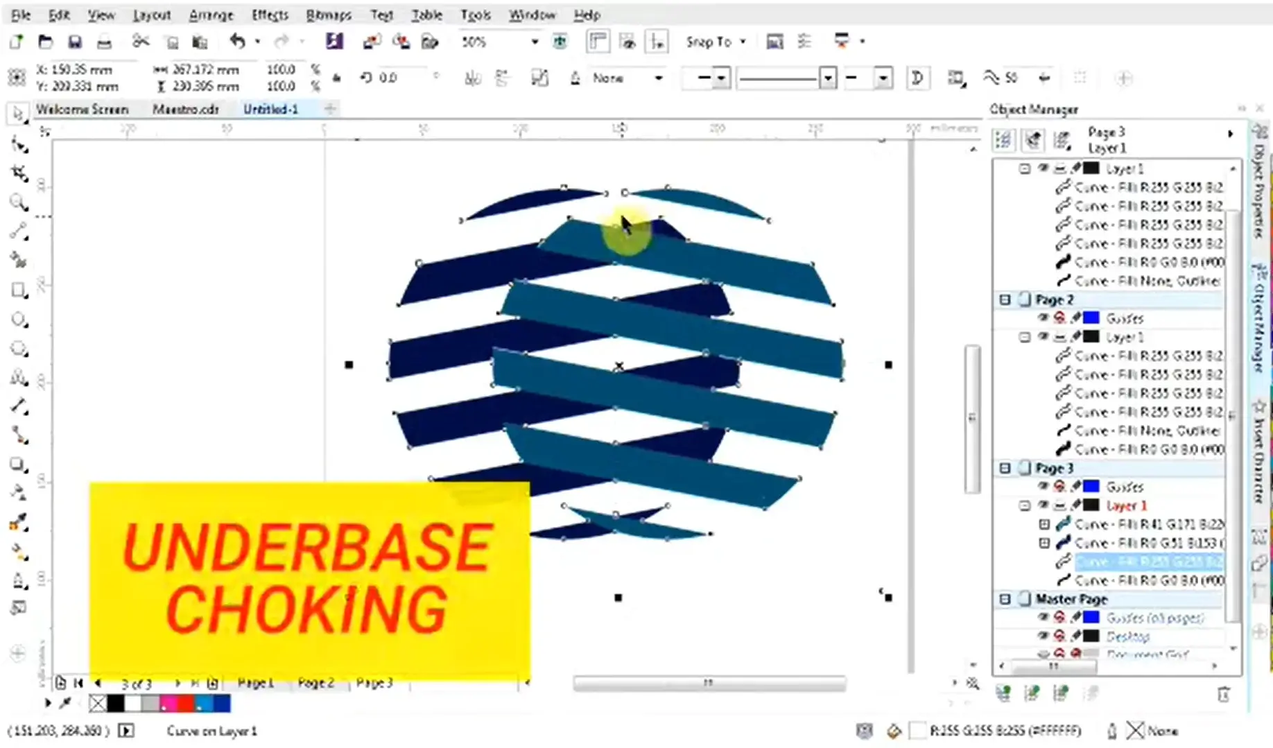 Vector artwork showing underbase choking setup for screen printing in design software. Vector artwork showing underbase choking setup for screen printing in design software.