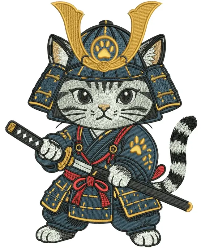 A detailed cat samurai embroidery design digitized by Absolute Digitizing A detailed cat samurai embroidery design digitized by Absolute Digitizing