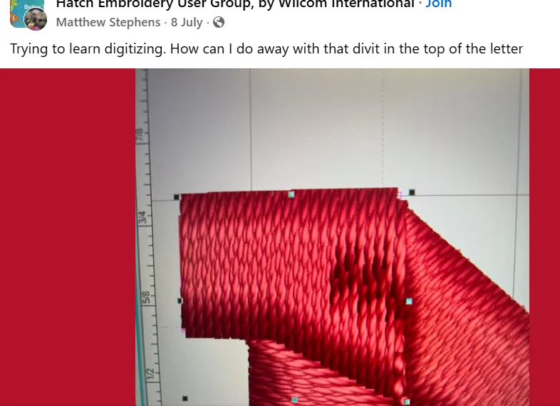 Hatch lettering divot issue in digitized satin stitch corner shared by a beginner embroiderer Hatch lettering divot issue in digitized satin stitch corner shared by a beginner embroiderer