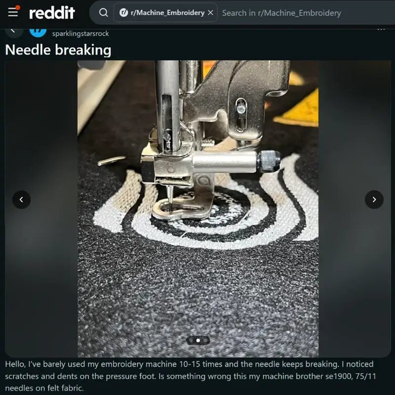 Embroiderer shared repeated needle breaks and visible presser foot damage in a Reddit machine embroidery discussion. Embroiderer shared repeated needle breaks and visible presser foot damage in a Reddit machine embroidery discussion.
