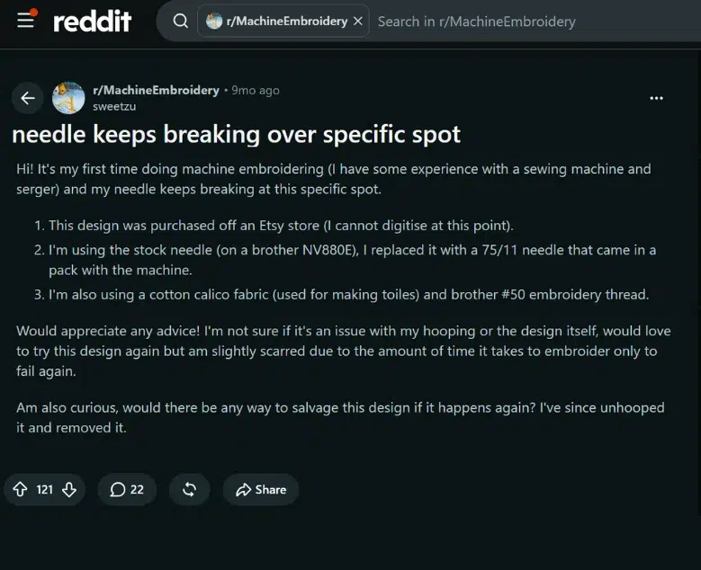 Embroiderer shared repeated needle breaks at one specific design area Embroiderer shared repeated needle breaks at one specific design area