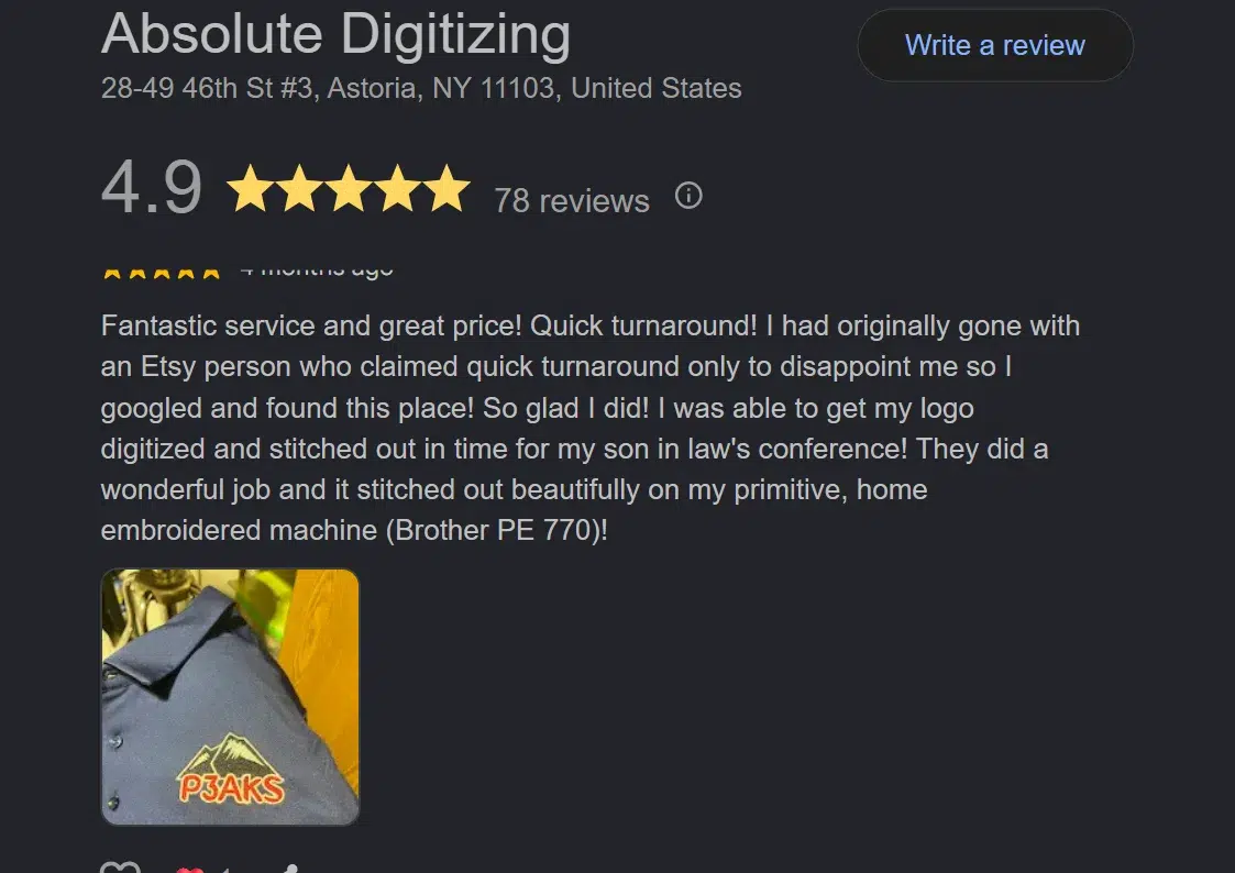 Absolute Digitizing Google review showing a 4.9 rating and positive customer feedback Absolute Digitizing Google review showing a 4.9 rating and positive customer feedback