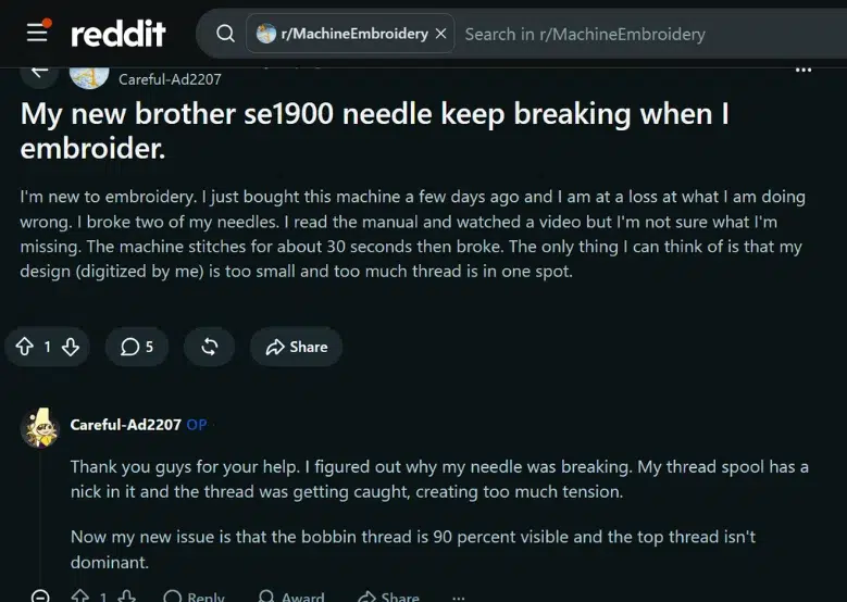 Reddit discussion showing embroidery needle breaks caused by thread snagging on a damaged spool. Reddit discussion showing embroidery needle breaks caused by thread snagging on a damaged spool.