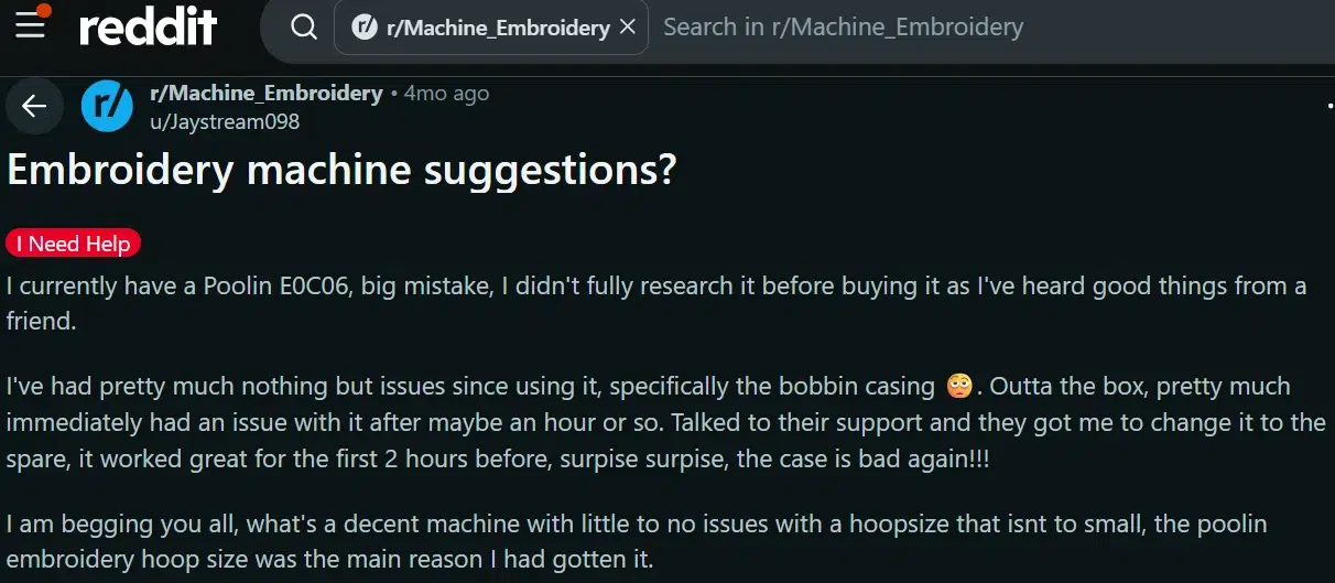 Reddit users report repeated Poolin EOC06 bobbin case problems despite replacing the original part. Reddit users report repeated Poolin EOC06 bobbin case problems despite replacing the original part.