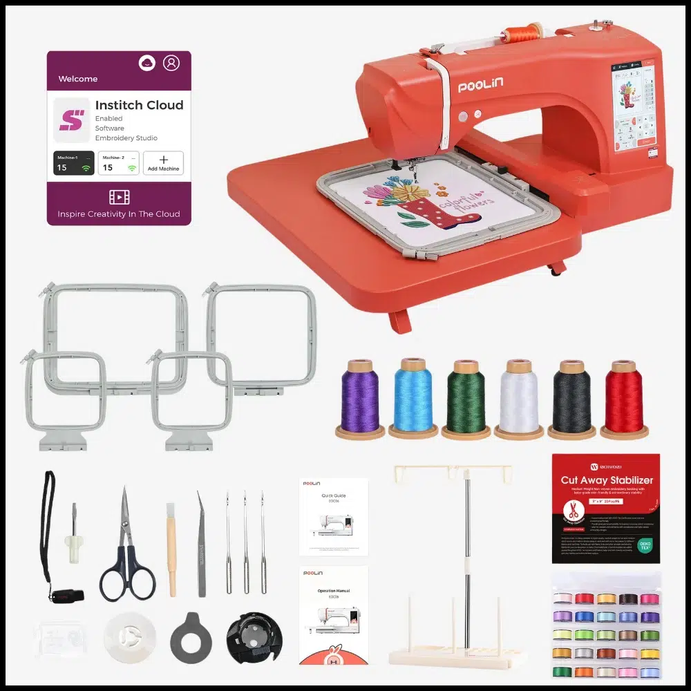 Poolin embroidery machine with four hoops, colorful threads, stabilizer, and included accessories. Poolin embroidery machine with four hoops, colorful threads, stabilizer, and included accessories.